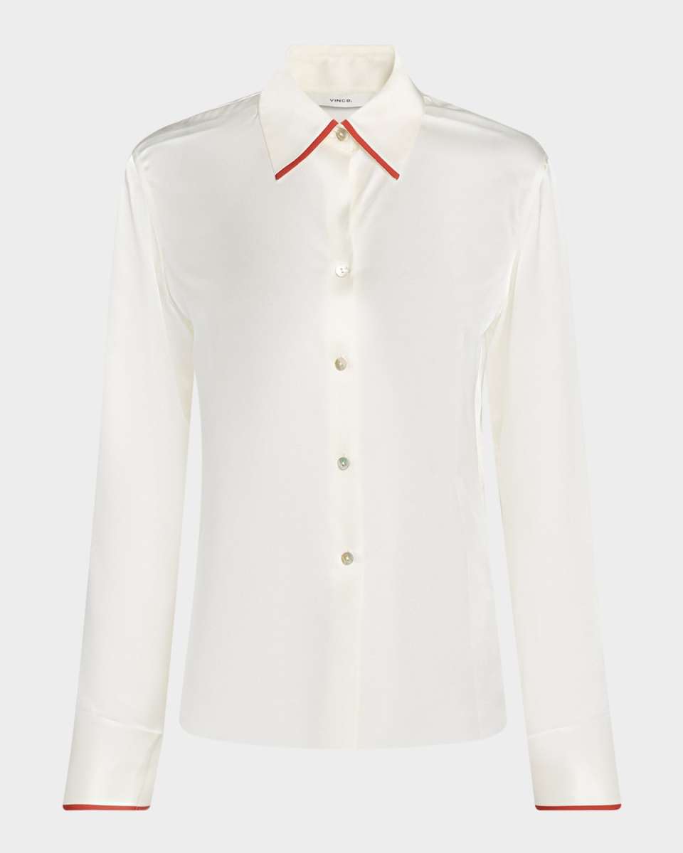 Tipped Slim Silk Long-Sleeve Blous